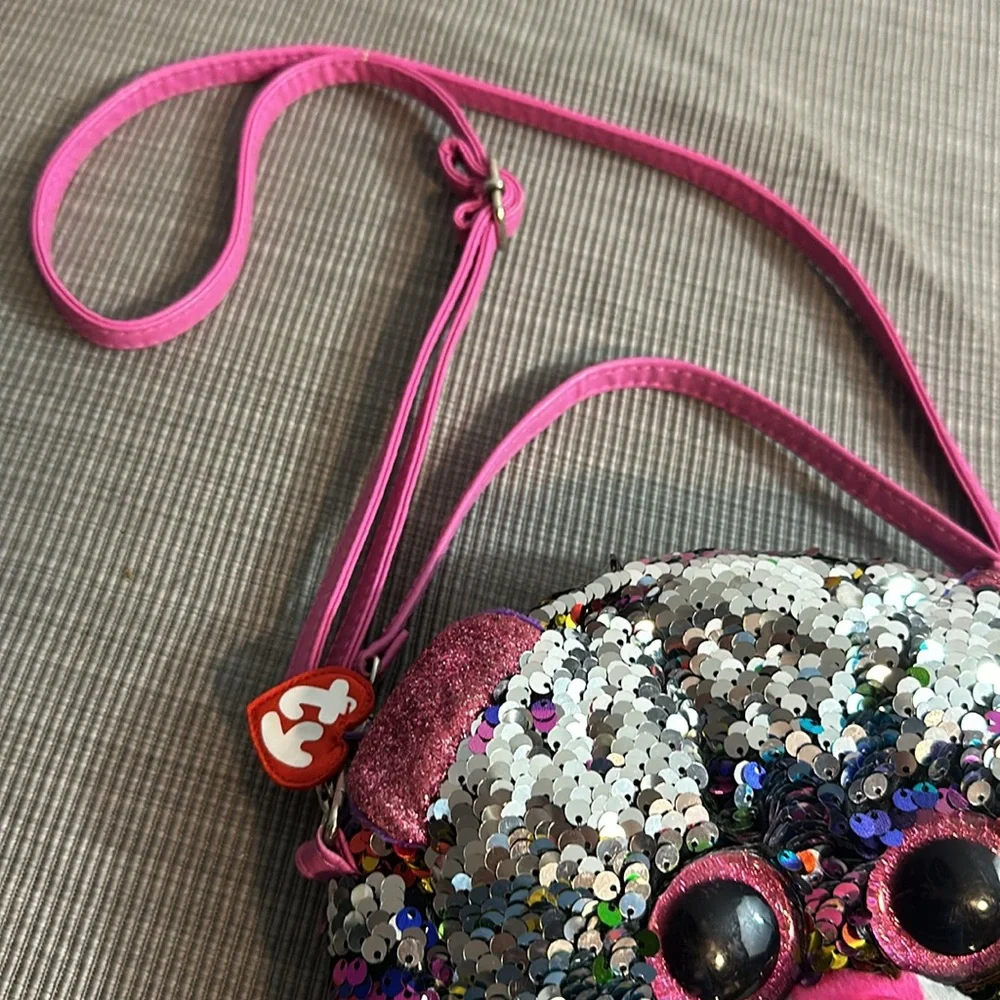 💚5 TY Fashion Flip Sequin Cat Purse Silver/Rainbow/Pink Strap- Zipper Beanie